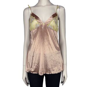Satin Dusty Pink Babydoll Cami whit Butter Yellow Sheer Lace Night Lingerie sz S